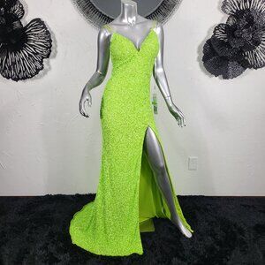 NWT~$500~JOVANI~SZ 6~LIME GREEN SEQUIN PROM PAGEANT EVENING GOWN HIGH SLIT DRESS